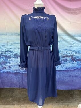Vintage Sheer Blue High-Neck Long Sleeve Midi Dress with Belt